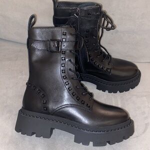 Woman’s ASH Studded Leather Combat Boots NWOB US 4 EUR 35 Black Leather Gena Bis